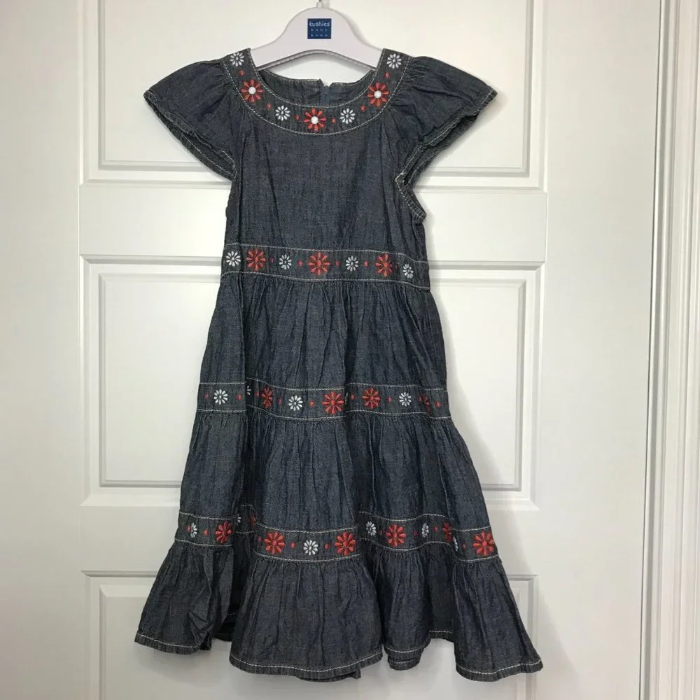 Gymboree Floral Embroidered Denim Tiered Maxi Dress‎ 100% Cotton Zipper Girls 5
